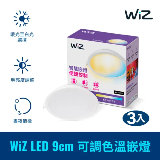 【Philips 飛利浦】WiZ LED 9cm可調色溫嵌燈 3入(PW021)