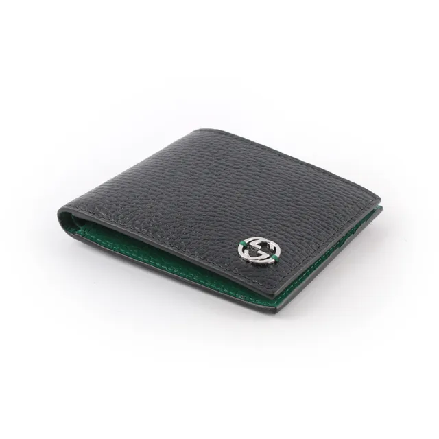 【GUCCI 古馳】金屬縫線雙G Logo牛皮雙色6卡短夾(黑色/綠色)