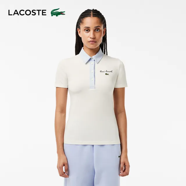 【LACOSTE】女裝-修身彈性撞色領短袖Polo衫(白色)