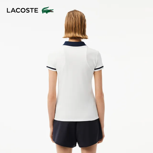 【LACOSTE】女裝-法國製造條紋網眼短袖Polo衫(白色)