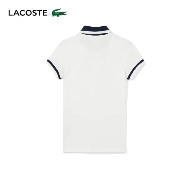 【LACOSTE】女裝-法國製造條紋網眼短袖Polo衫(白色)