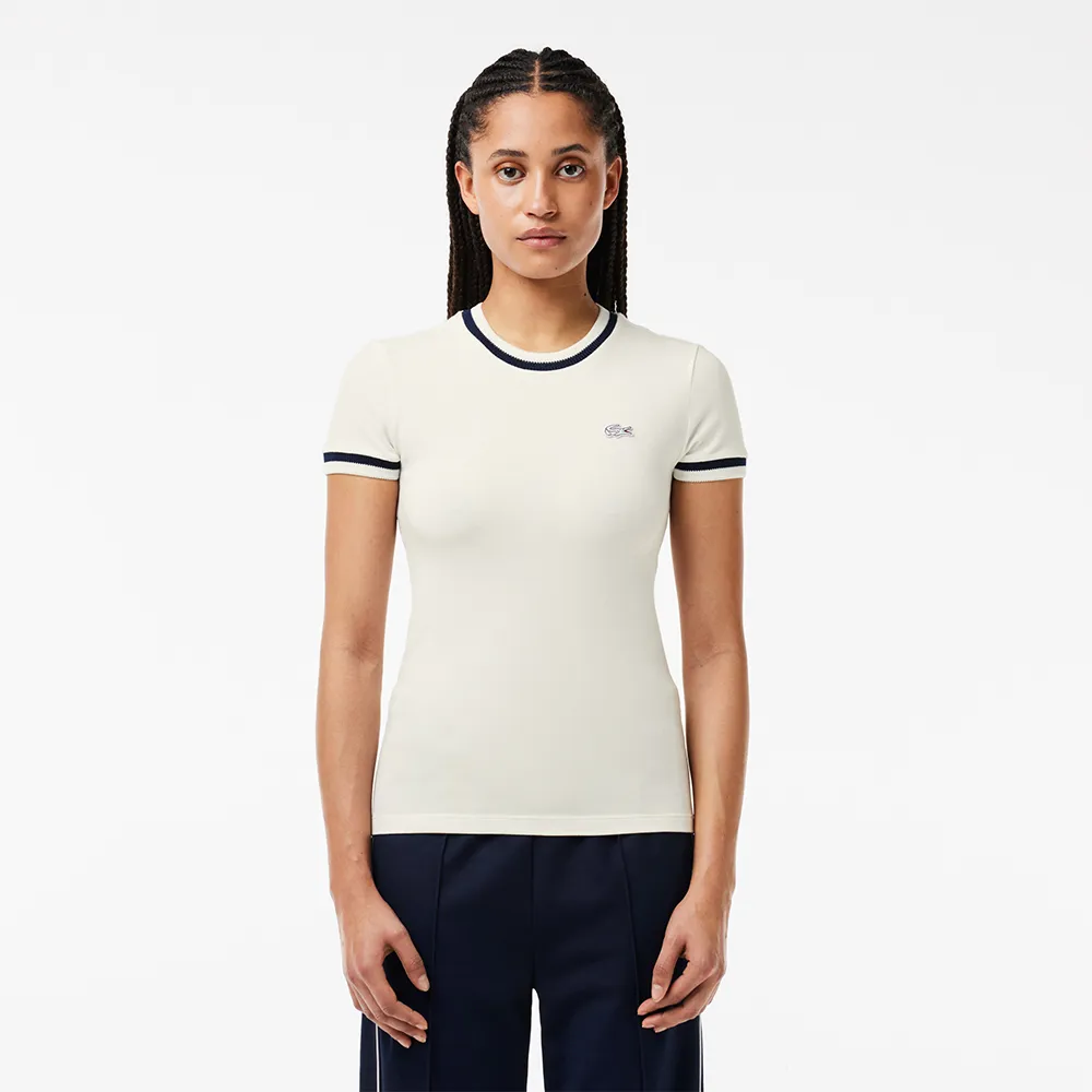 【LACOSTE】女裝-法國製造撞色滾邊合身短袖T恤(白色)