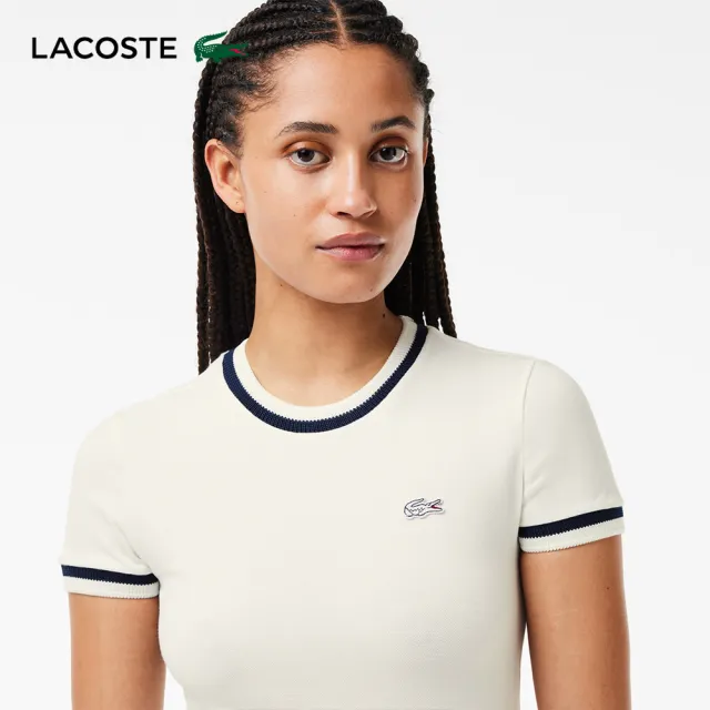 【LACOSTE】女裝-法國製造撞色滾邊合身短袖T恤(白色)