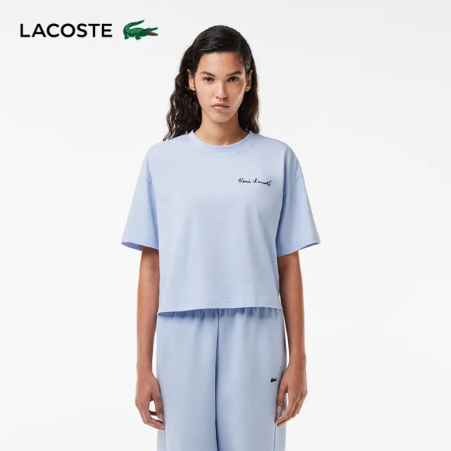 【LACOSTE】女裝-寬版文字印花短袖T恤(紫藍色)