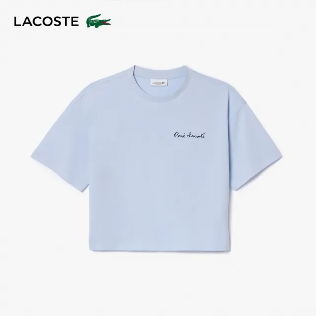 【LACOSTE】女裝-寬版文字印花短袖T恤(紫藍色)