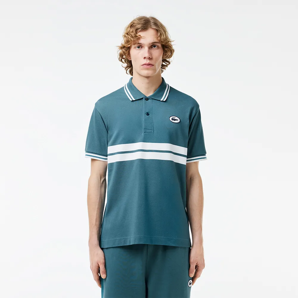 【LACOSTE】男裝-原創L.12.12徽章條紋短袖Polo衫(藍綠色)