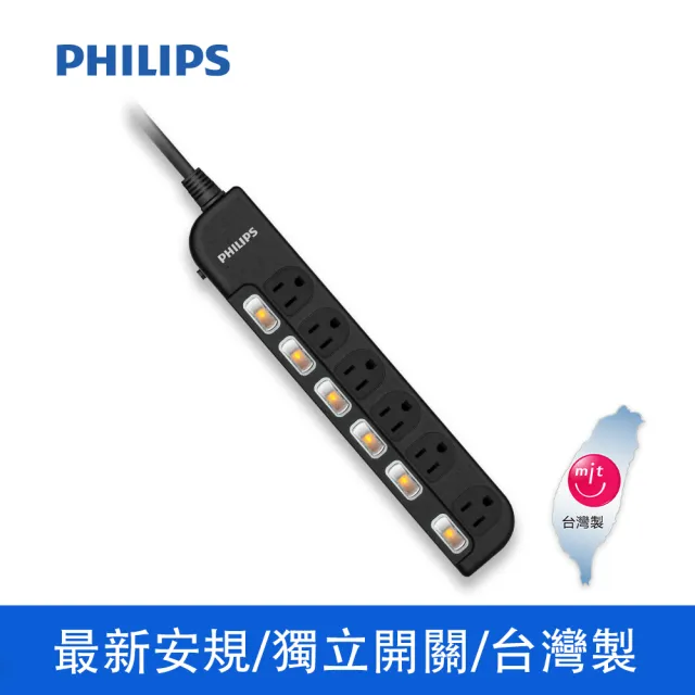 【Philips 飛利浦】過載防護型 6開6插3孔延長線 1.8米(黑白2色可選)