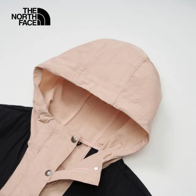 【The North Face 官方旗艦】北面女款粉黑拚接DWR防潑水下擺抽繩連帽外套｜81RXHZI