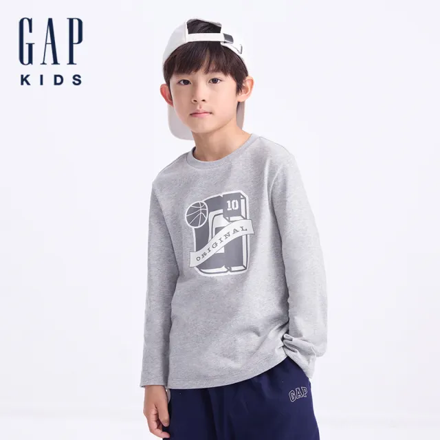 【GAP】兒童裝 Logo純棉印花圓領長袖T恤-灰色(646074)