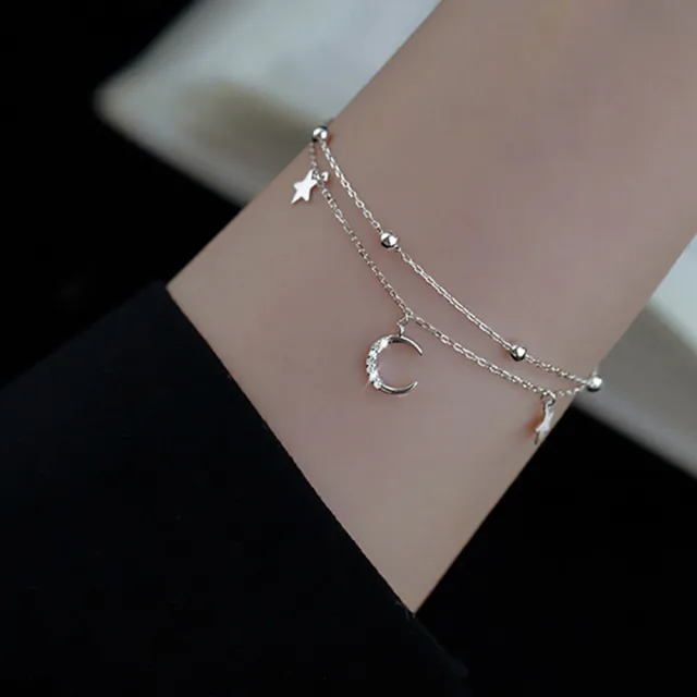 【MoonDy】包包 S925純銀 全純銀項鍊 雙層甜美星月手鏈 女森系清新鑲鑽 氣質手飾 閨蜜禮物