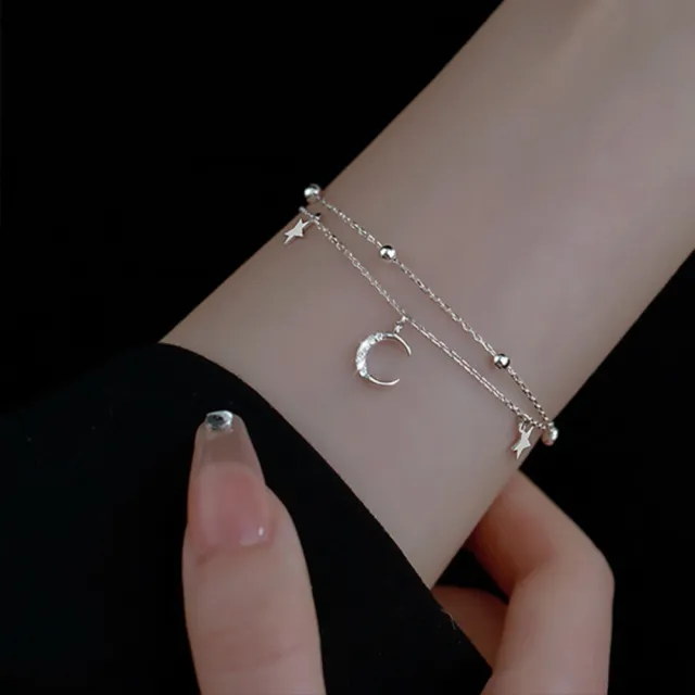 【MoonDy】包包 S925純銀 全純銀項鍊 雙層甜美星月手鏈 女森系清新鑲鑽 氣質手飾 閨蜜禮物