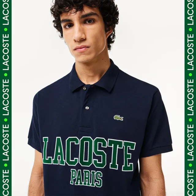 【LACOSTE】男裝-Original L.12.12植絨文字網眼布短袖Polo衫(海軍藍)