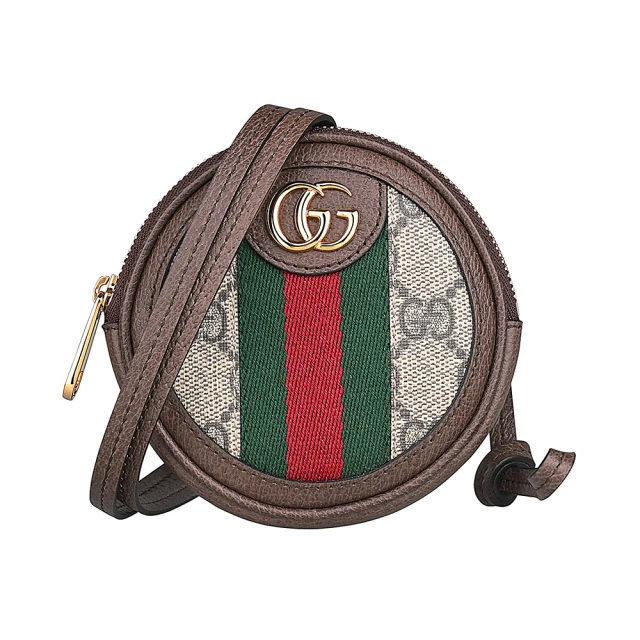 GUCCI 古馳 GUCCI OPHIDIA金字LOGO織帶拼接Supreme帆布拉鍊掛脖肩背小包(迷你/米x烏木)