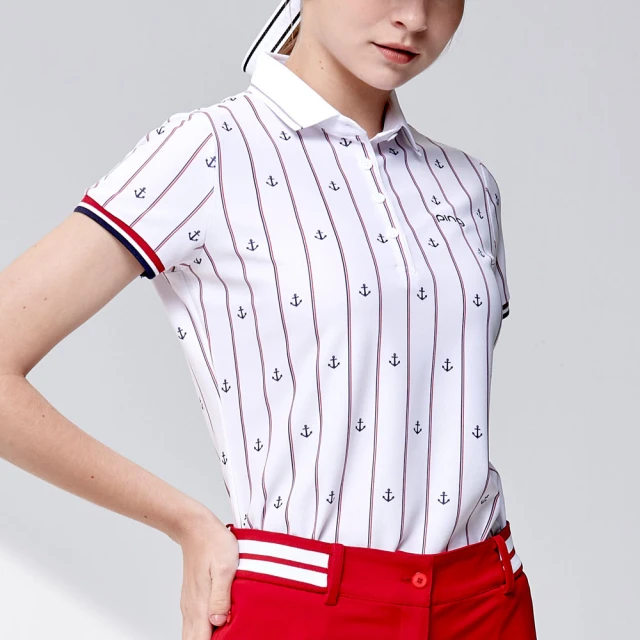 PING 女款直條海錨吸濕排汗抗UV短袖POLO衫-白(GOLF/高爾夫球衫/RA24107-87)