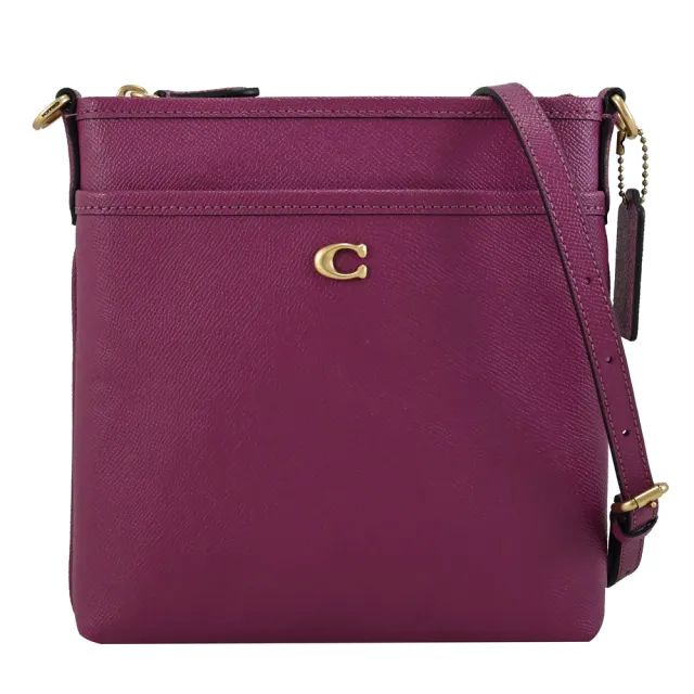 【COACH】Kitt 簡約經典字母C LOGO皮革方包斜背包(紫紅)