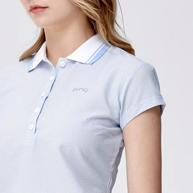 【PING】女款組織條紋吸濕排汗短袖POLO衫-藍(日本素材/GOLF/高爾夫球衫/RA24113-53)
