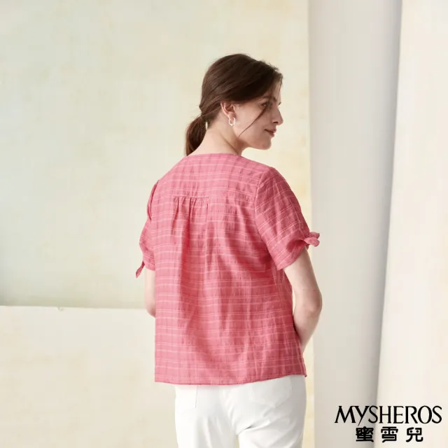 【MYSHEROS 蜜雪兒】天絲造型上衣 氣質鑽飾圓領 造型綁帶袖(粉)