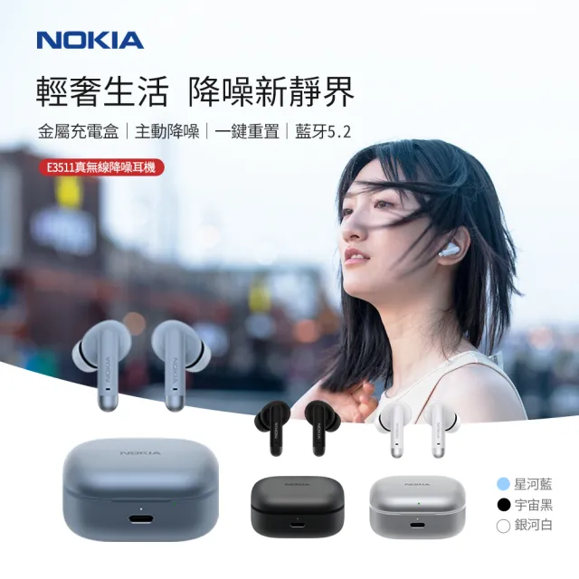 【NOKIA】1+1超值組E3511 ANC 真無線藍芽耳機 鋁合金(德國紅點設計獎/智能ANC主動降噪 送行動電源)