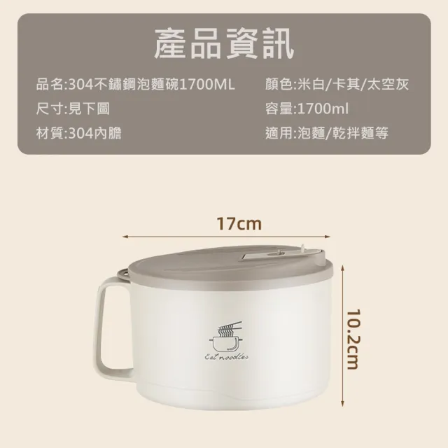 304不鏽鋼泡麵碗1700ML(隔熱碗 不鏽鋼泡麵碗 便當碗 防燙泡麵碗 帶蓋泡麵碗 可瀝水泡麵碗)