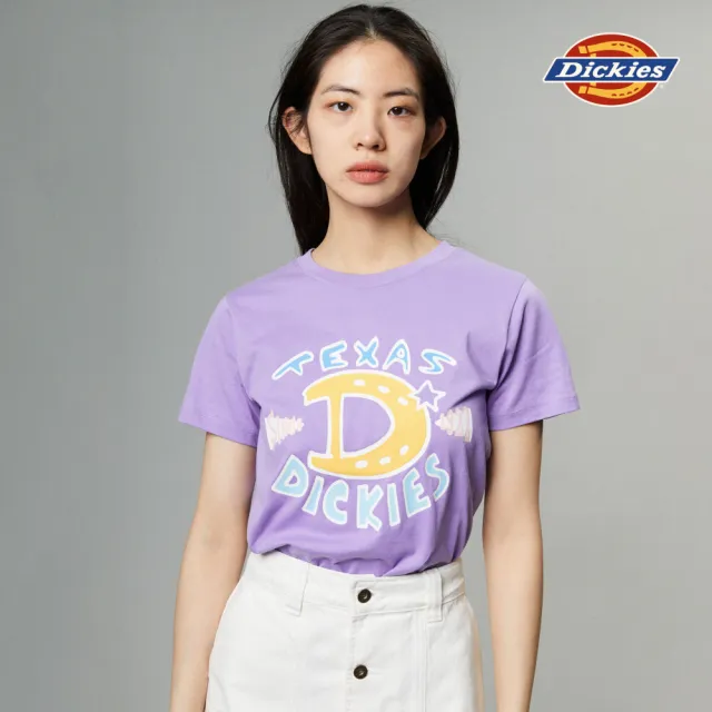 【Dickies】女款丁香紫純棉胸前大尺寸趣味文字印花短袖T恤｜DK011631F62