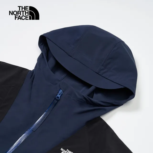 【The North Face 官方旗艦】北面UE女款藍黑拼接DWR防潑水可收腰連帽外套｜8A7E92A