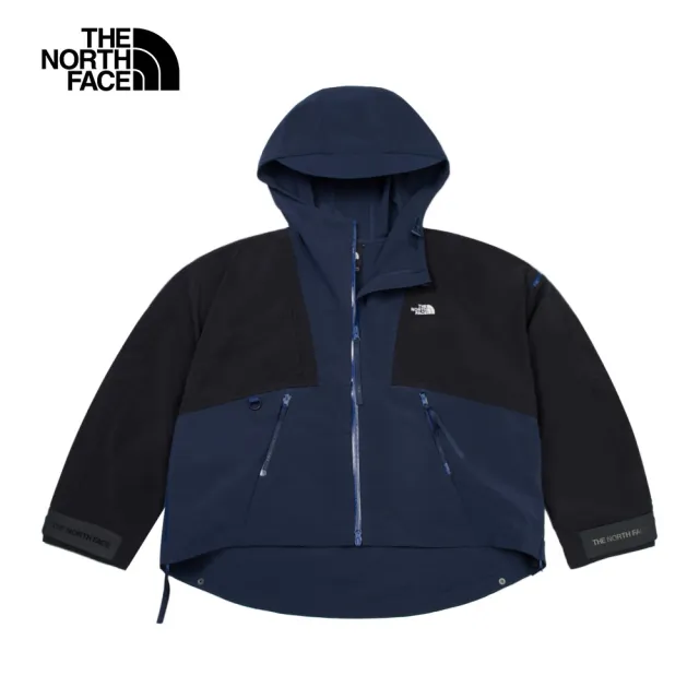 【The North Face 官方旗艦】北面UE女款藍黑拼接DWR防潑水可收腰連帽外套｜8A7E92A