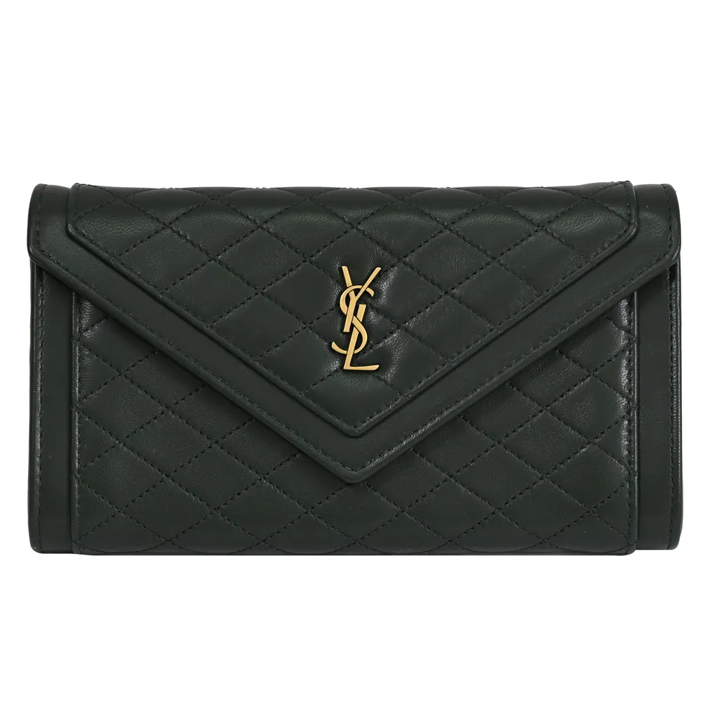 【YSL】金屬字母LOGO 菱格縫線小羊皮翻蓋信封扣式發財零錢長夾(深綠)