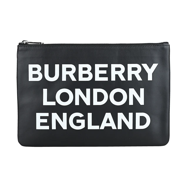 BURBERRY 巴寶莉 BURBERRY字母印花LOGO牛皮6卡拉鍊手拿包(黑)