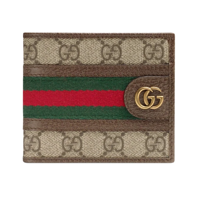 GUCCI 古馳 GUCCI OPHIDIA GG 棕色 經典老花 SUPREME帆布 兩摺短夾 錢包(59760696IWT8745)