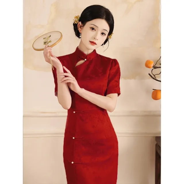【巴黎精品】現貨+預購 女新中式旗袍連身裙改良旗袍A字裙長裙大碼洋裝休閒大尺碼女裝(緞面開衩3色a1gc13)