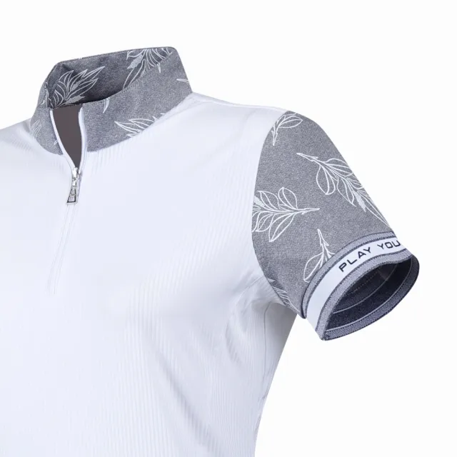 【PING】女款葉紋配布吸濕排汗抗UV立領短袖上衣-白(GOLF/高爾夫球衫/RA24120-87)