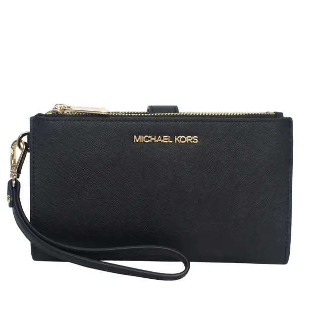 【Michael Kors】金字滿版防刮皮革雙層手機長夾(黑-可手掛)