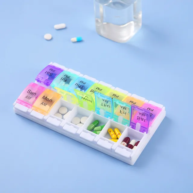 【藥品收納王】鋼琴按壓式透明1周藥盒-14格(早晚分格 收納盒 分裝 密封盒 飾品盒 零件盒 隨身藥盒 旅行)