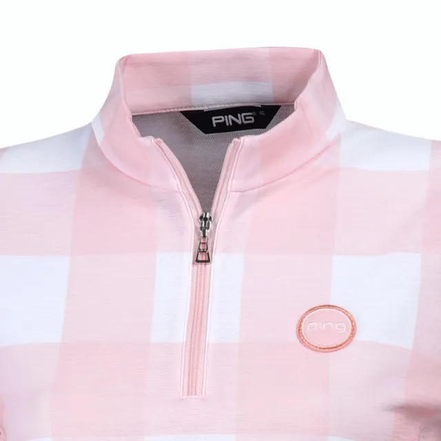 【PING】女款格紋吸濕排汗涼爽立領短袖上衣-粉橘(GOLF/高爾夫球衫/RA24119-23)
