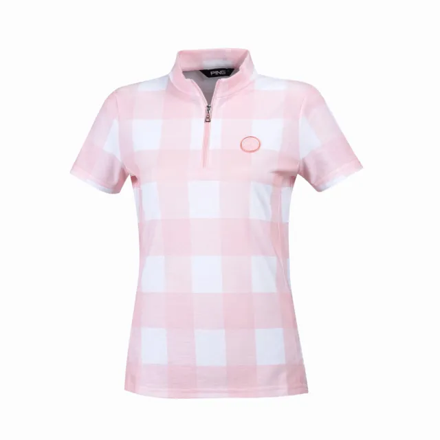 【PING】女款格紋吸濕排汗涼爽立領短袖上衣-粉橘(GOLF/高爾夫球衫/RA24119-23)