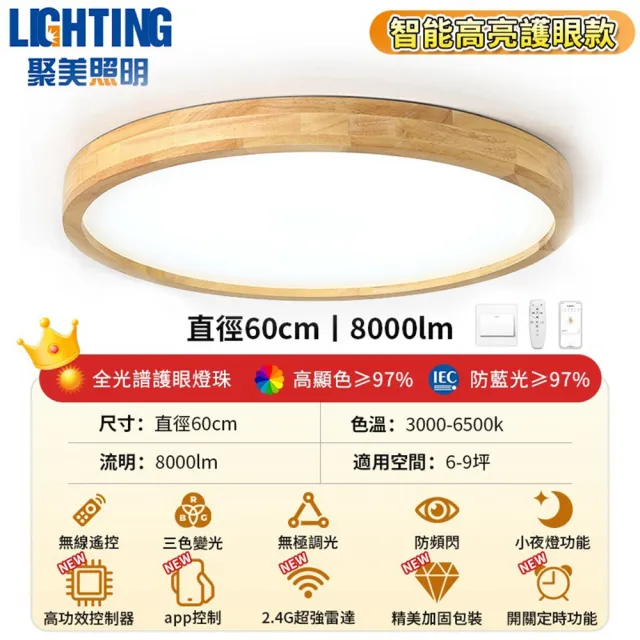 【聚美照明】led全光譜吸頂燈 防藍光護眼燈 60CM 8000lm 智能高亮護眼款(吸頂燈/實木吸頂燈/無極調光調色)