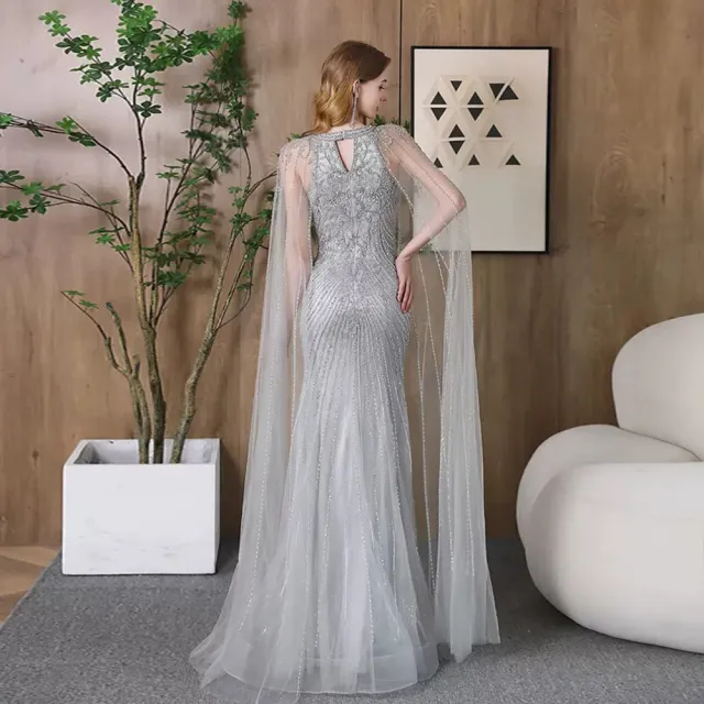 【女神婚紗禮服】高級奢華削肩掛脖女王長披肩魚尾晚禮服PLGZ-2406銀色(派對宴會敬酒 拉鍊晚禮服)