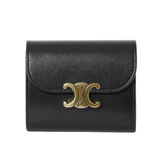 【CELINE】Small Flap Triomphe 凱旋門 亮澤牛皮革 小號 翻蓋 零錢包 卡夾 皮夾 短夾 黑色 10D783DPV.38NO