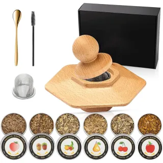 【POKO】六角煙燻器套組(木製煙燻器 含調酒木屑六種 調酒煙燻 煙燻雞尾酒 威士忌煙燻 煙燻罩 分子料理)