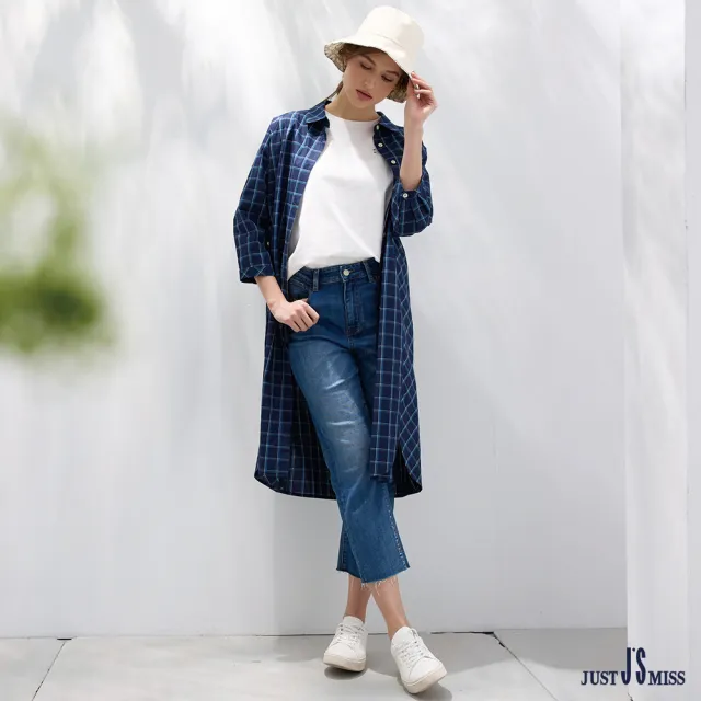 【Just J’S Miss】純棉經典格紋正斜剪裁拼接長袖襯衫上衣