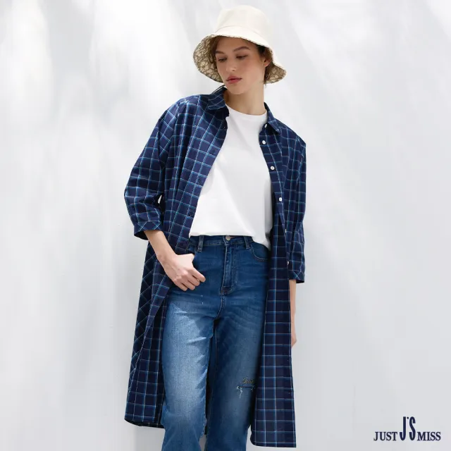【Just J’S Miss】純棉經典格紋正斜剪裁拼接長袖襯衫上衣
