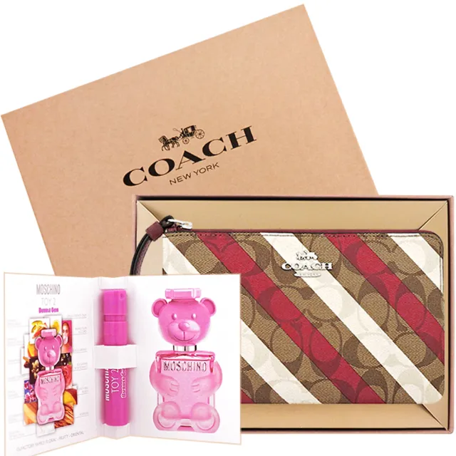 【COACH】大C PVC手拿包-大型+MOSCHINO 品牌經典隨身小香水(紅白條紋)