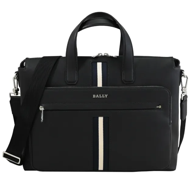 【BALLY】HAIES 經典金屬LOGO條紋織帶公事包商務包兩用包(黑 買就隨機送BV鑰匙圈)