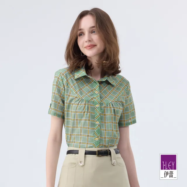 【ILEY 伊蕾】格紋印花休閒短袖襯衫(綠色；M-XL；1242351503)