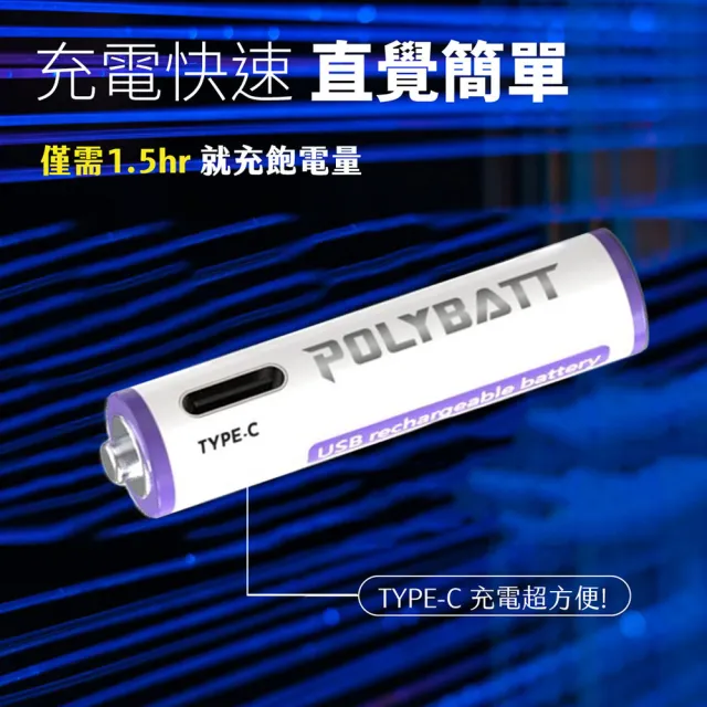 【POLYBATT】4號AAA USB充電式電池 750mWh 充電鋰電池(附一對四充電線)