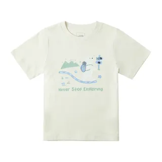 【The North Face 官方旗艦】北面兒童米白色純棉舒適胸前大尺寸趣味印花短袖T恤｜89XEQLI(上衣/LOGO)
