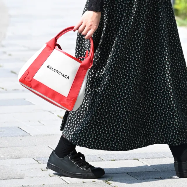 【Balenciaga 巴黎世家】NAVY CABAS XS 經典LOGO棉麻手提斜背兩用包(紅邊)『entrupy安心購』