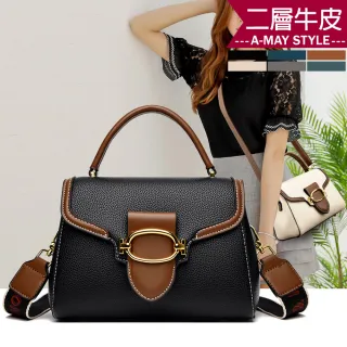 【Amay Style 艾美時尚】現貨 女包 真皮包 斜背包 拼色牛皮字母雙背帶手提側背方包(6色.預購)
