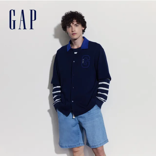 【GAP】男裝 Logo短袖翻領襯衫 碳素軟磨法式圈織系列-海軍藍(466818)