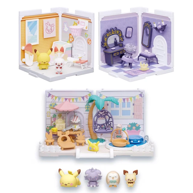 TAKARA TOMY POKEMON 精靈寶可夢 Pokepeace娃娃屋 派對花園+活動室炎兔兒皮卡丘+更衣室妙喵小仙奶